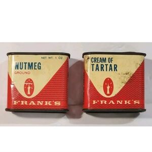 2 Vtg Frank's Spice Cans Nutmeg Tarter  1 Oz Spices Collectible Can Set